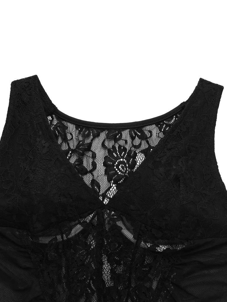2PCS Black 1960s Lace Floral Sheer Top & Skirt