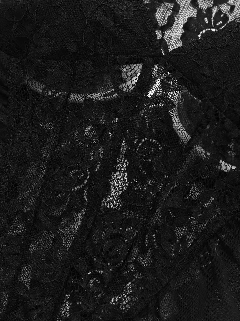 2PCS Black 1960s Lace Floral Sheer Top & Skirt