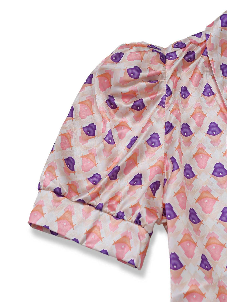 2PCS Pink 1930s Printed Puff Sleeve Belted Blazer & Pants