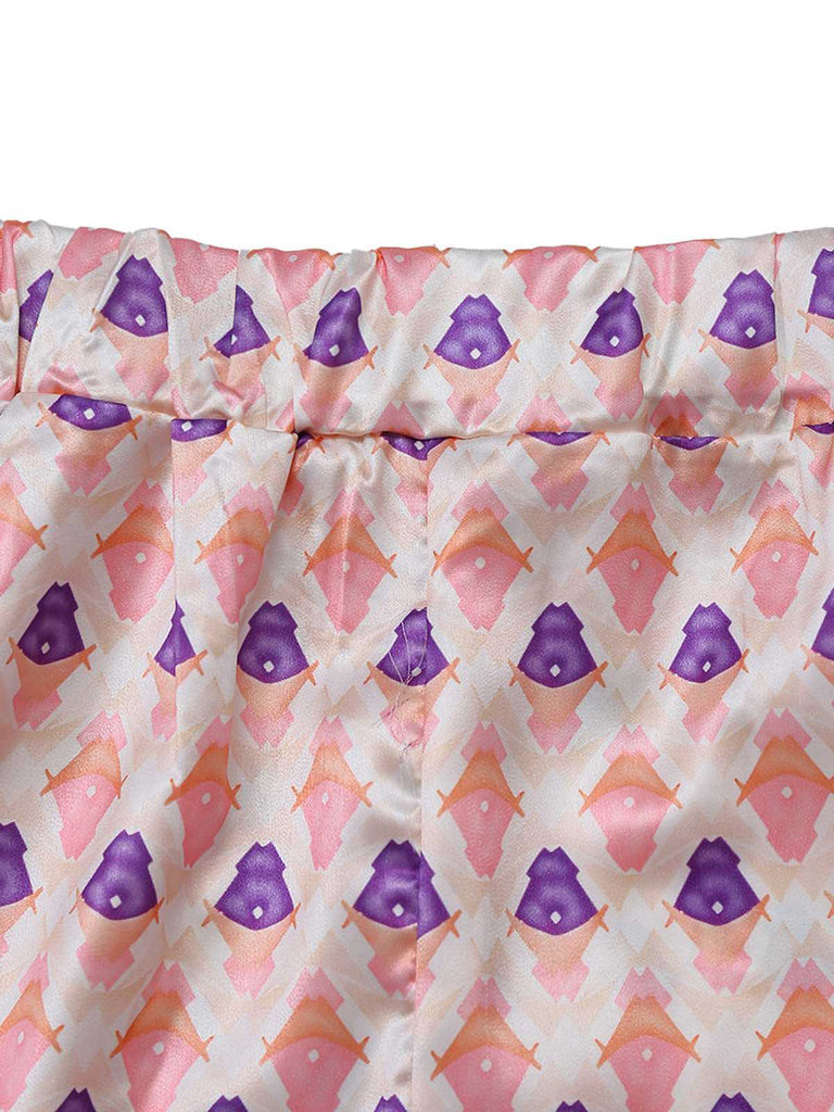 2PCS Pink 1930s Printed Puff Sleeve Belted Blazer & Pants