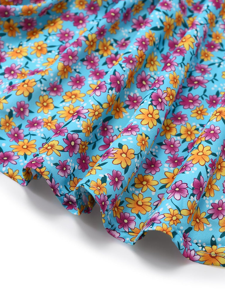 Blue 1960s Daisy Floral V-Neck Slit Short Dress