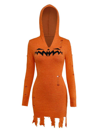 Orange 1970s Halloween Distressed Pumpkin Knit Hoodie Dress