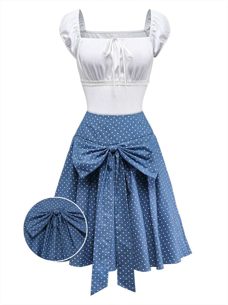 [Pre-Sale] 2PCS White & Blue 1940s Lace Ruched Top & Denim Bow Skirt