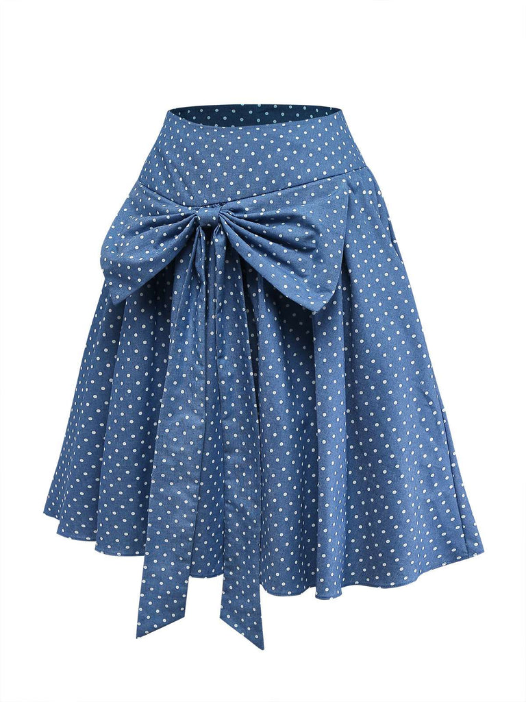 [Pre-Sale] Blue 1940s Denim Polka Dot Bow Pleated Skirt