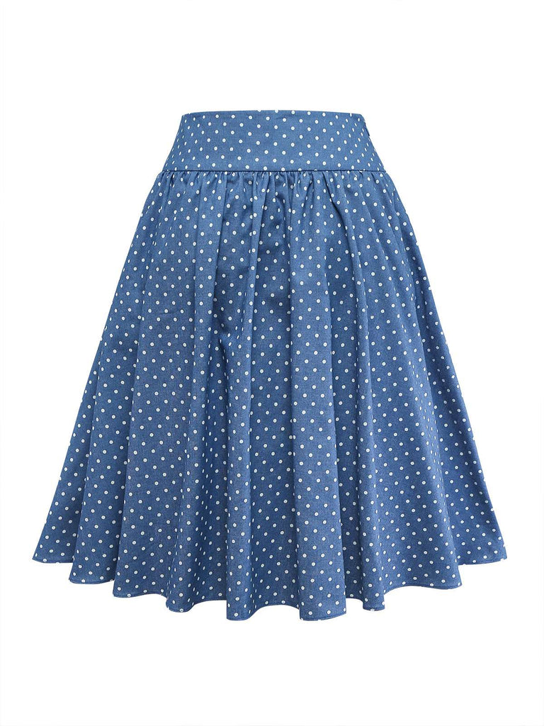 [Pre-Sale] Blue 1940s Denim Polka Dot Bow Pleated Skirt