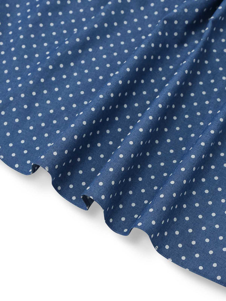 [Pre-Sale] Blue 1940s Denim Polka Dot Bow Pleated Skirt