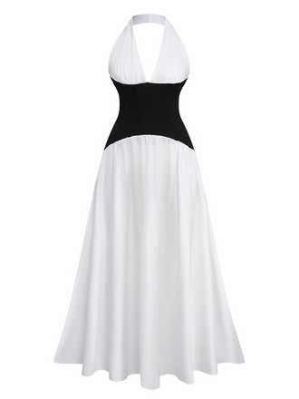 1970s Halter Deep V-Neck Colorblock Maxi Dress