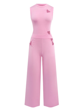 2PCS Pink 1950s Solid Heart Hollow Vest & Pants