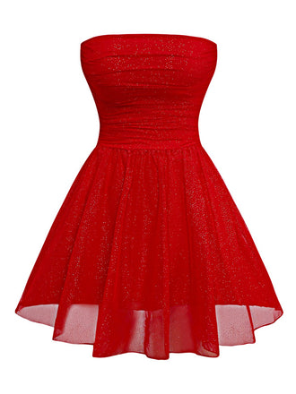 1950s Bandeau Solid Glitter Back Bow Skater Dress