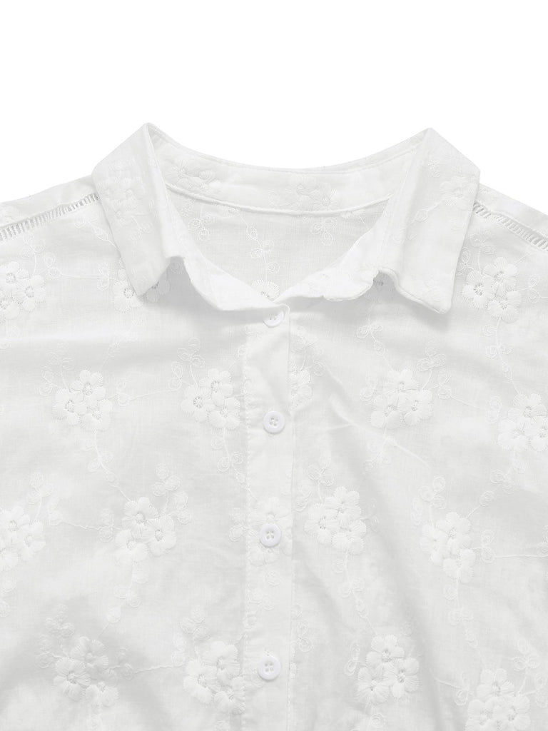 White 1950s Cotton Embroidery Flower Lapel Blouse