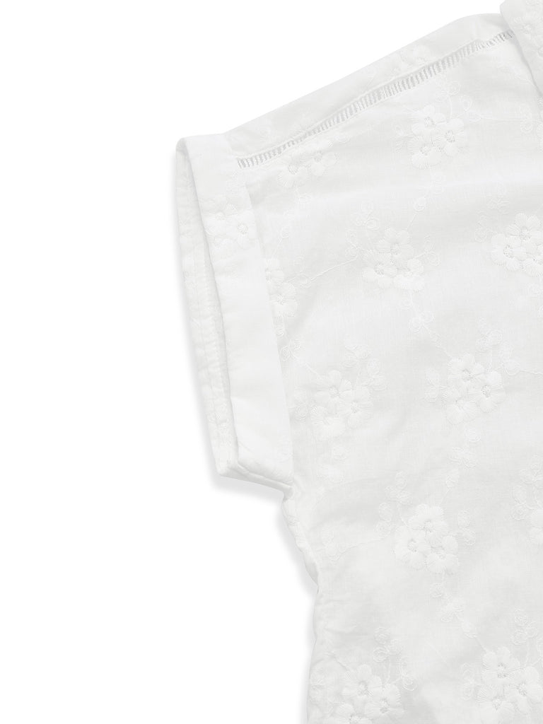White 1950s Cotton Embroidery Flower Lapel Blouse