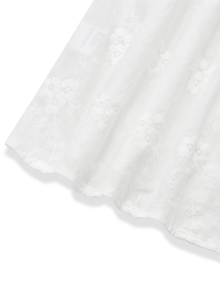 White 1950s Cotton Embroidery Flower Lapel Blouse