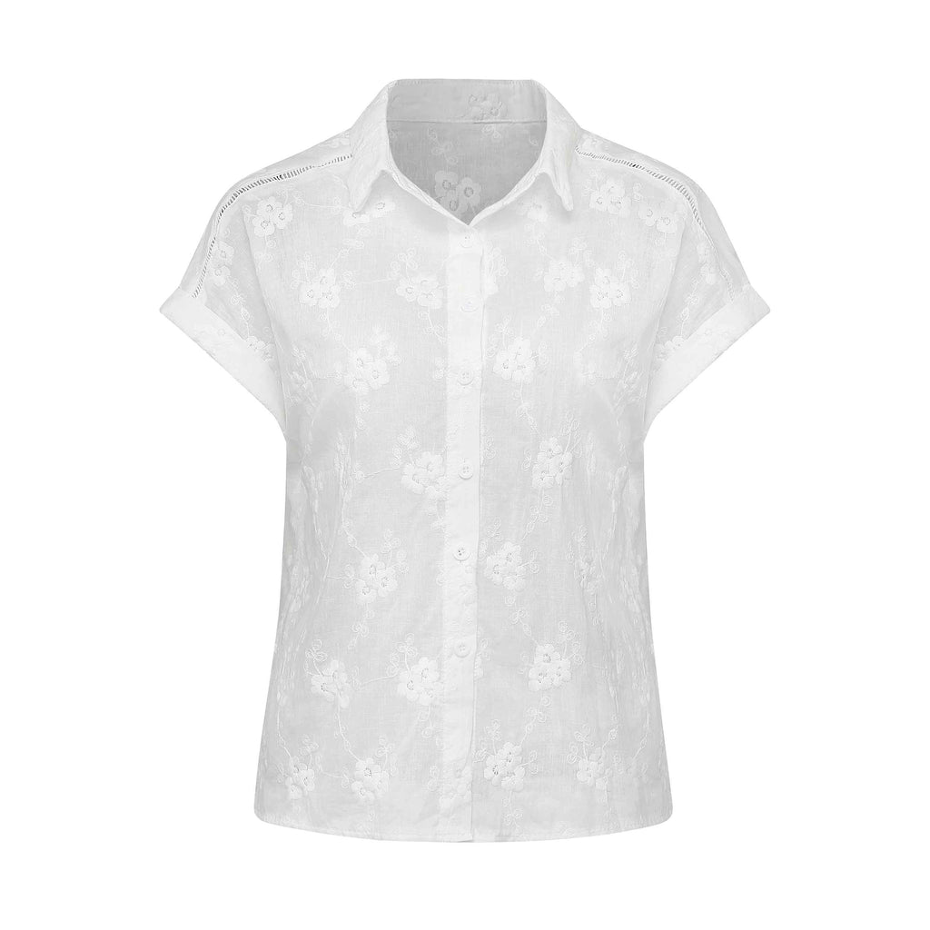 White 1950s Cotton Embroidery Flower Lapel Blouse