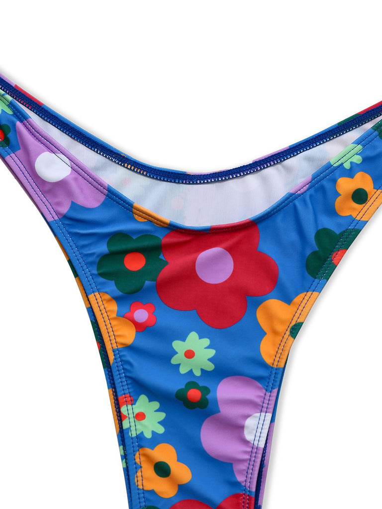 Blue 1960s Cartoon Floral Spaghetti Straps Swimsuit