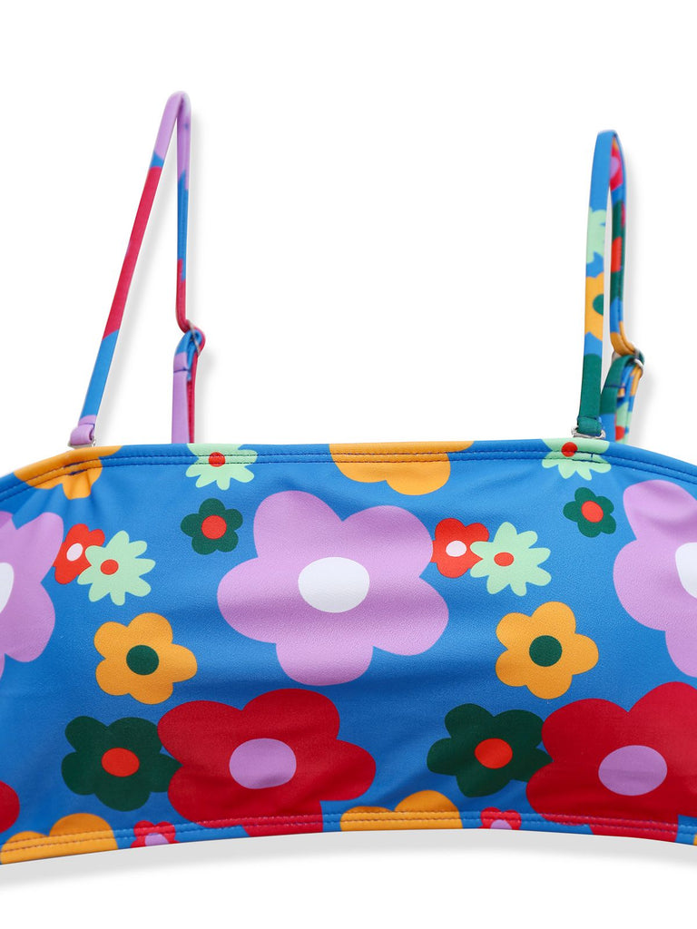 Blue 1960s Cartoon Floral Spaghetti Straps Swimsuit