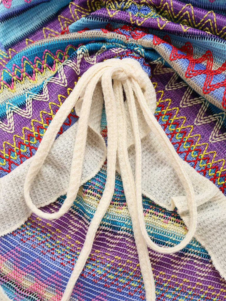 Multicolor 1960s Bohemian Drawstring Knit Straps Dress