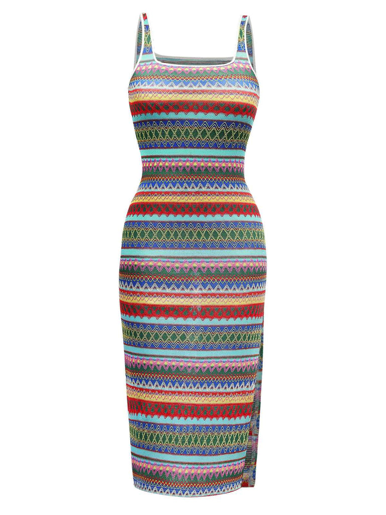 Multicolor 1960s Suspender Side Slit Pencil Dress