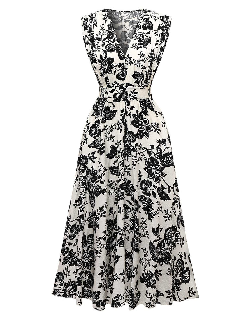 1970s V-Neck Floral Cap Sleeve Midi Dress