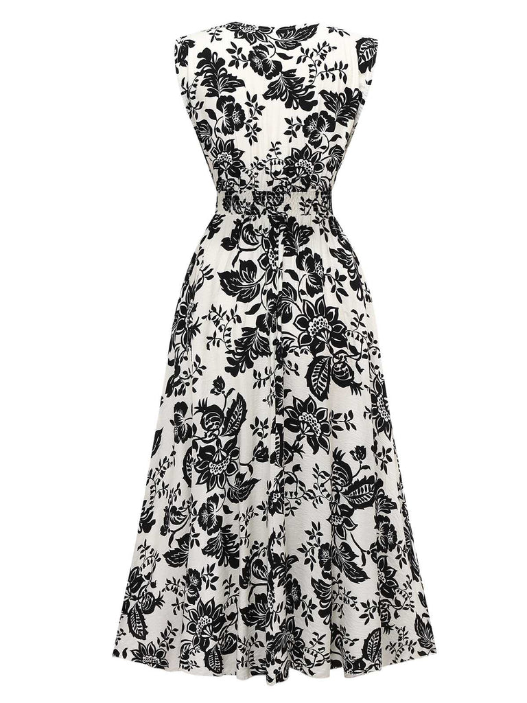 1970s V-Neck Floral Cap Sleeve Midi Dress