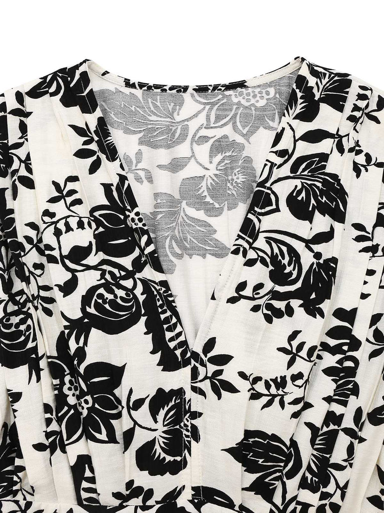 1970s V-Neck Floral Cap Sleeve Midi Dress