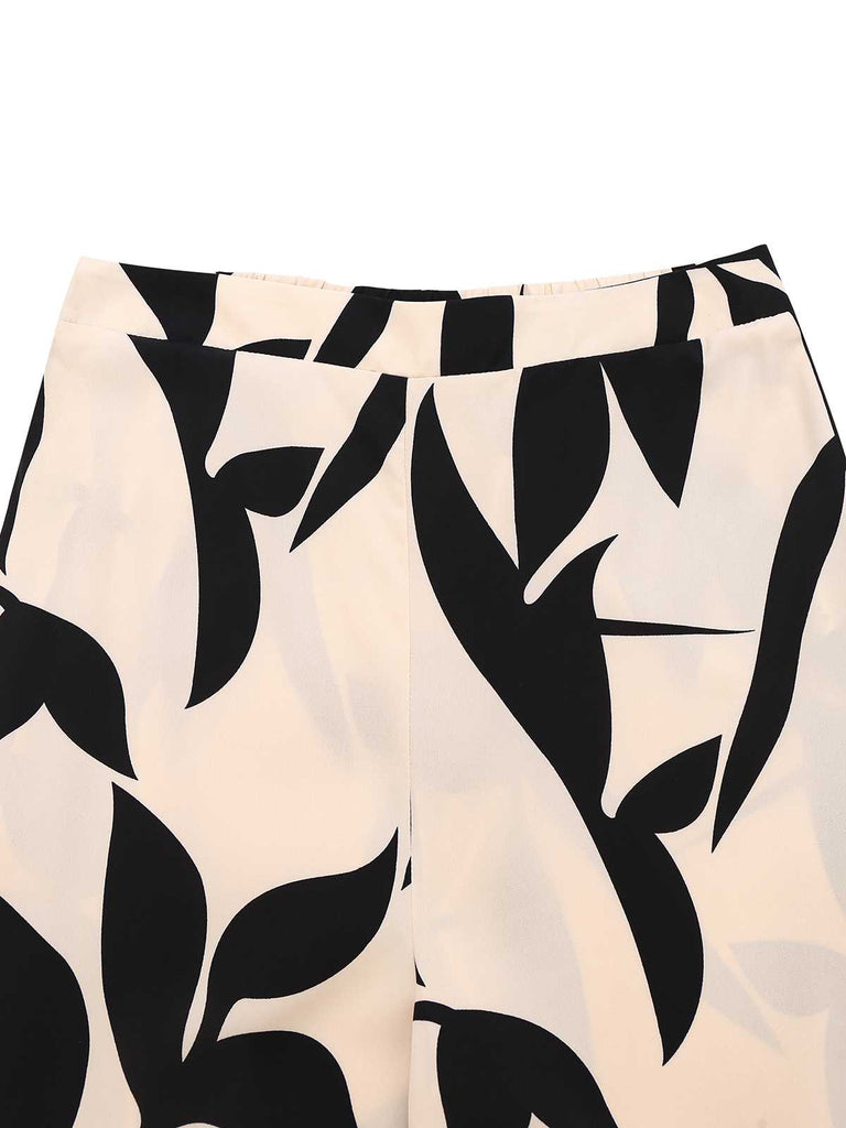 2PCS 1970s Solid Top& Leaf Print Pants