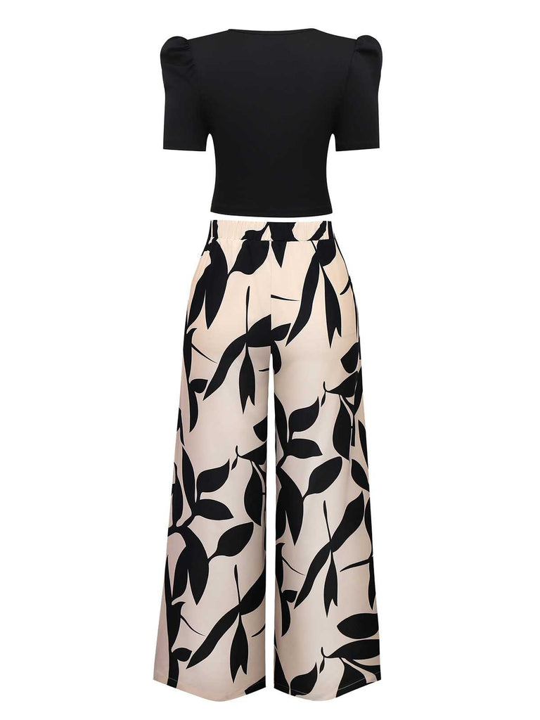2PCS 1970s Solid Top& Leaf Print Pants