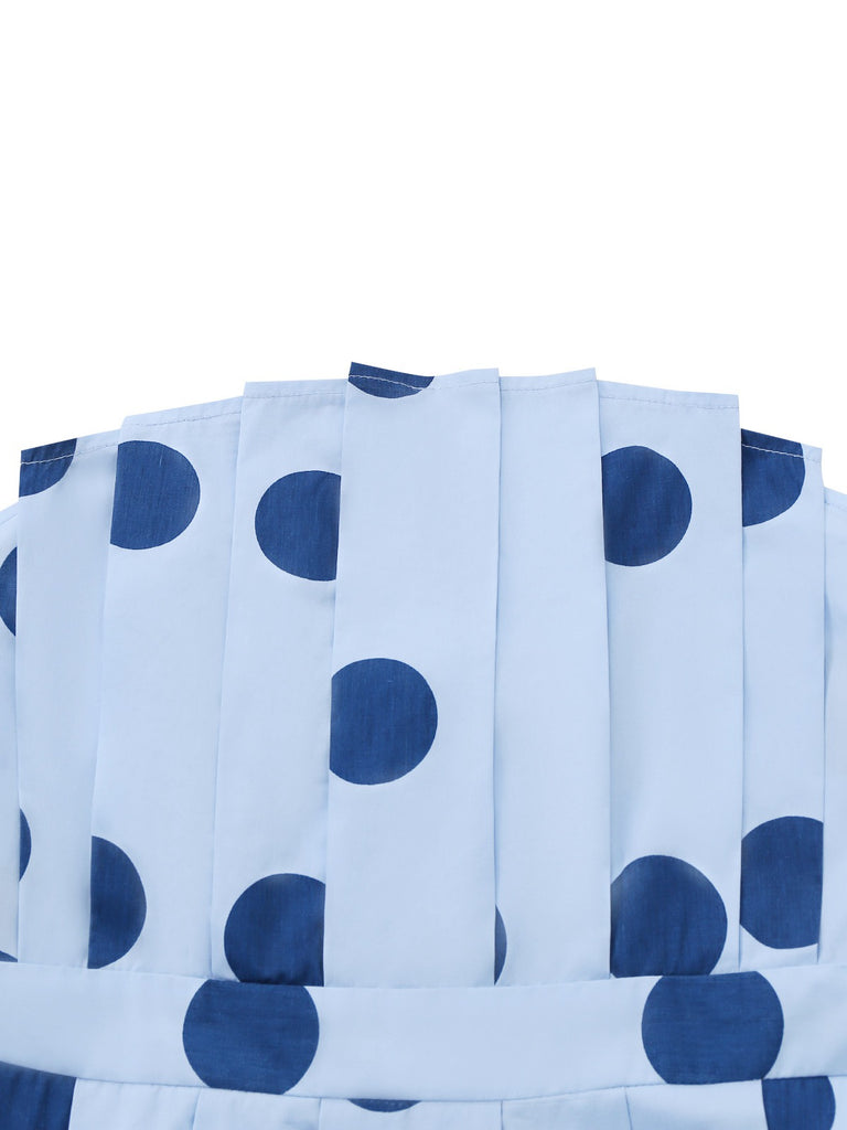 Blue 1940s Polka Dot Strapless Pleated Dress