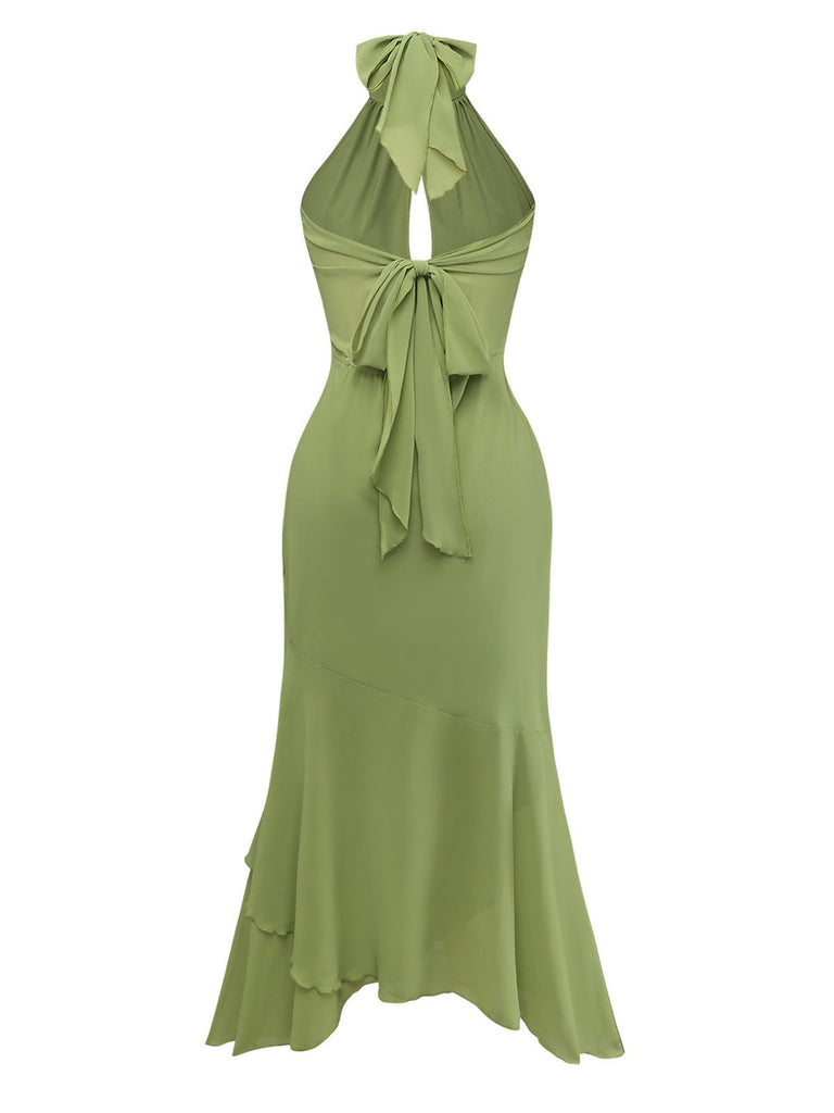 Green 1930s Halter Mesh Backless Chiffon Midi Dress