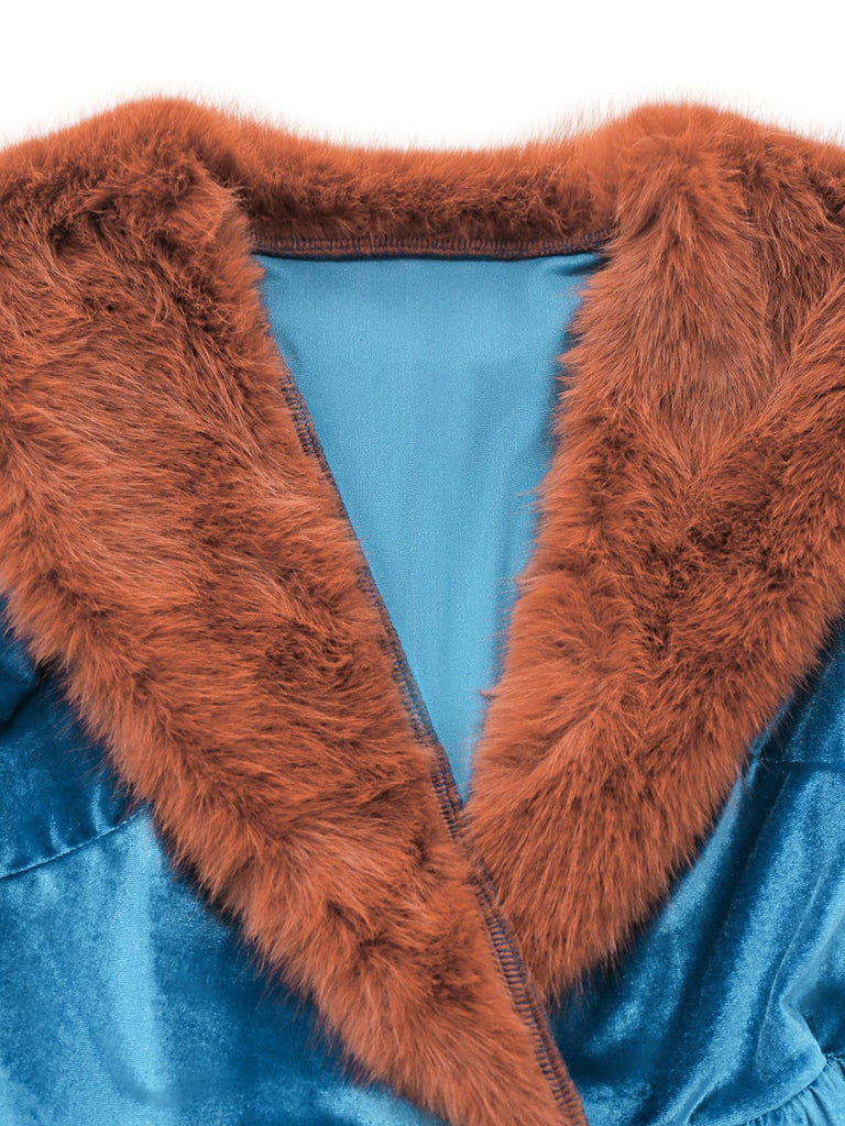 Blue 1980s Fur Collar Patchwork Maxi Dress