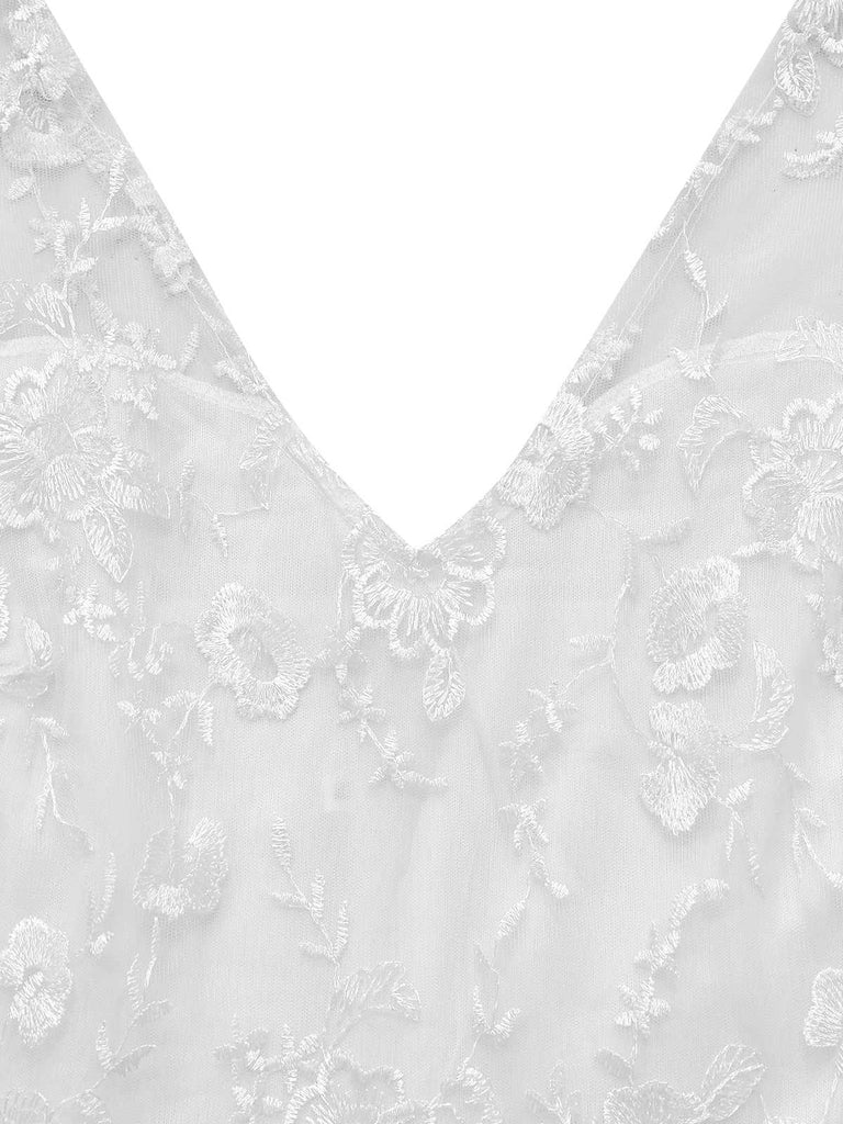 White 1970s Mesh Floral Embroidered Jumpsuit