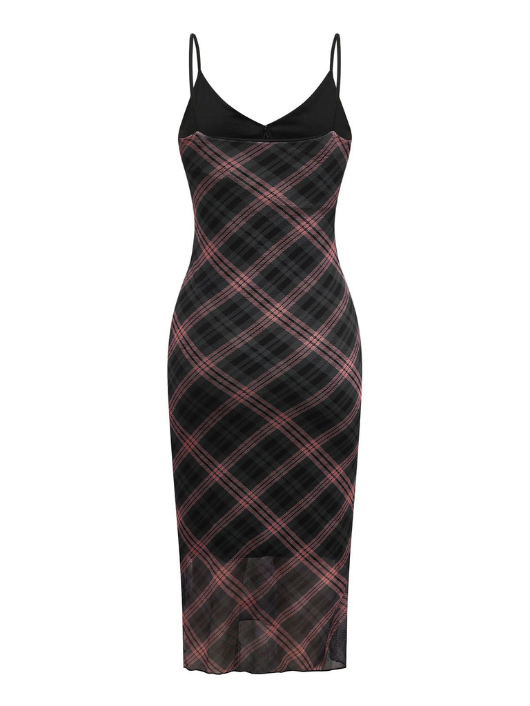 Brown 1930s Scottish Plaid Suspender V-Neck Maxi Dress