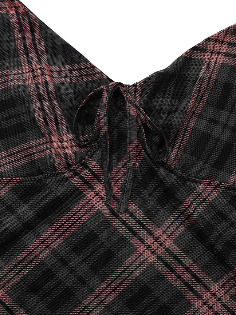 Brown 1930s Scottish Plaid Suspender V-Neck Maxi Dress