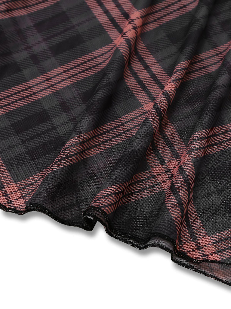 Brown 1930s Scottish Plaid Suspender V-Neck Maxi Dress