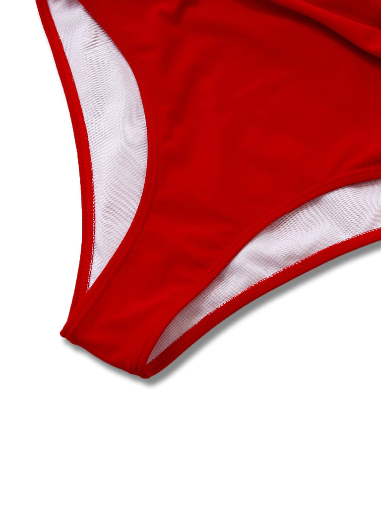 Red 1930s Ruched Halter Hollow One-Piece Swimsuit