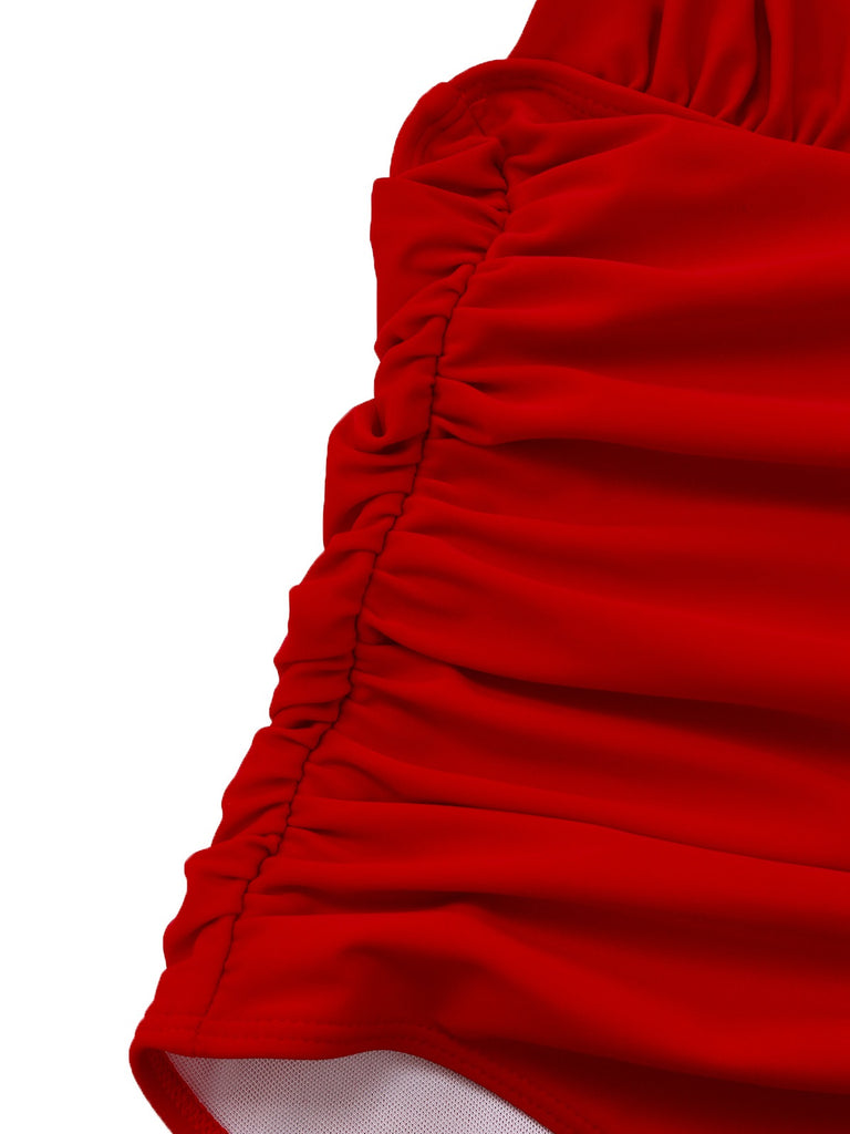 Red 1930s Ruched Halter Hollow One-Piece Swimsuit