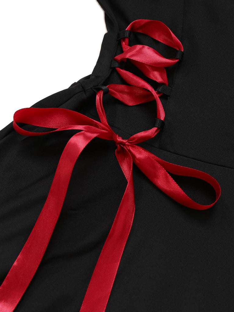 Black 1950s Cross Contrast Ruffle Hem Nightdress