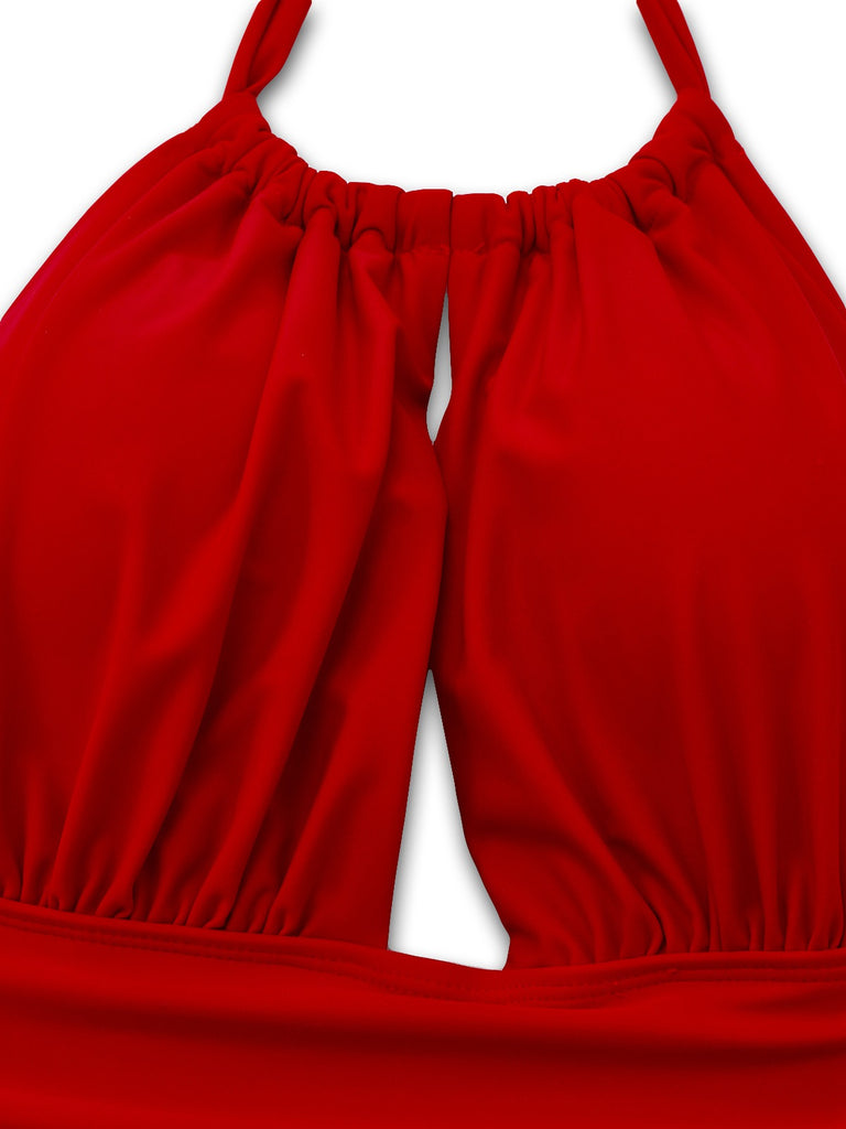 Red 1930s Ruched Halter Hollow One-Piece Swimsuit