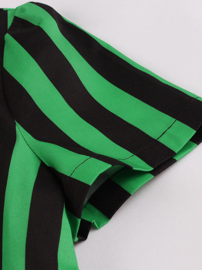 Green 1950s Tie Neck Button Black Stripes Dress