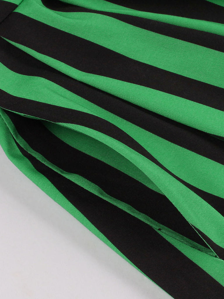 Green 1950s Tie Neck Button Black Stripes Dress