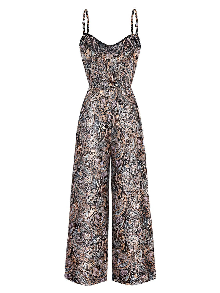 Multicolor 1970s Boho Paisley Spaghetti Strap Jumpsuit