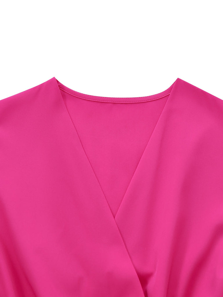 Rose Pink 1960s Deep V Belted Lantern Sleeve Solid Jumpsuit