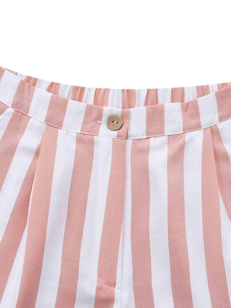 2pcs Khaki 1960s Striped Square Neck Sleeveless Vest & Shorts