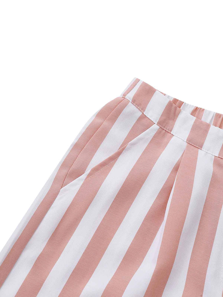 2pcs Khaki 1960s Striped Square Neck Sleeveless Vest & Shorts