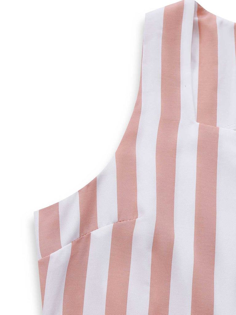 2pcs Khaki 1960s Striped Square Neck Sleeveless Vest & Shorts