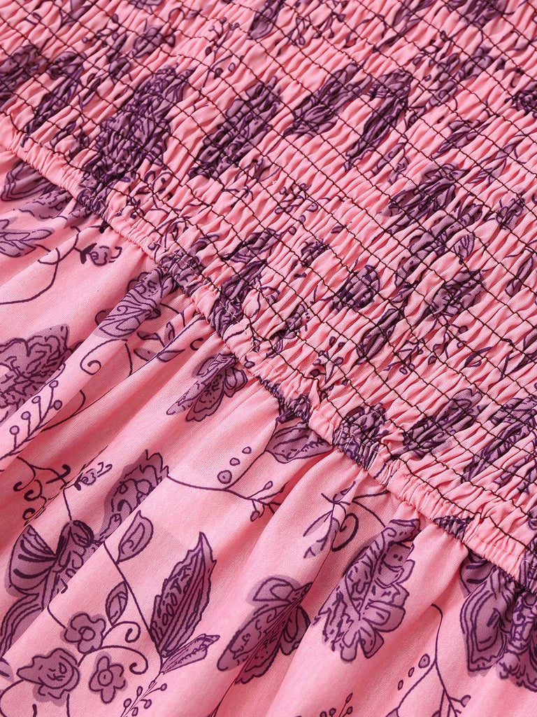 Pink 1970s Spaghetti Strap Floral Smocked Jumpsuit