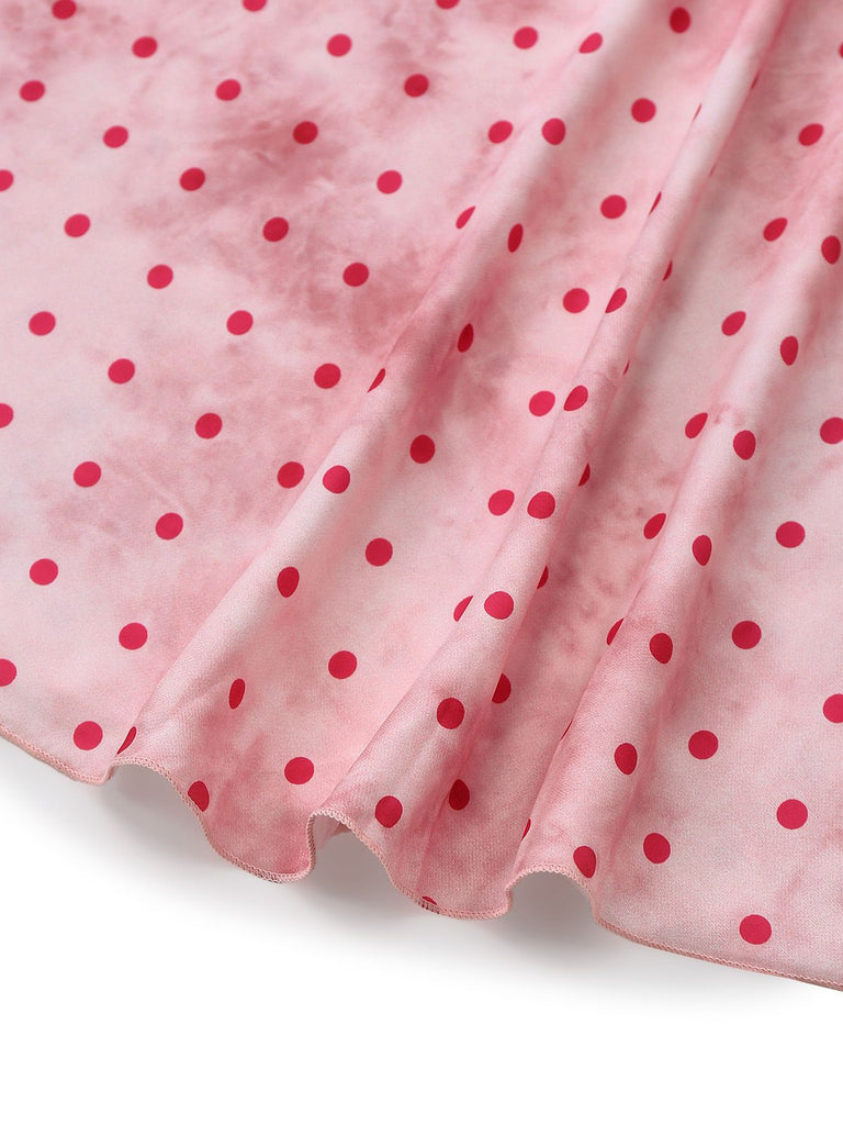 Pink 1940s Satin Polka Dot Lace Trim Backless Nightdress