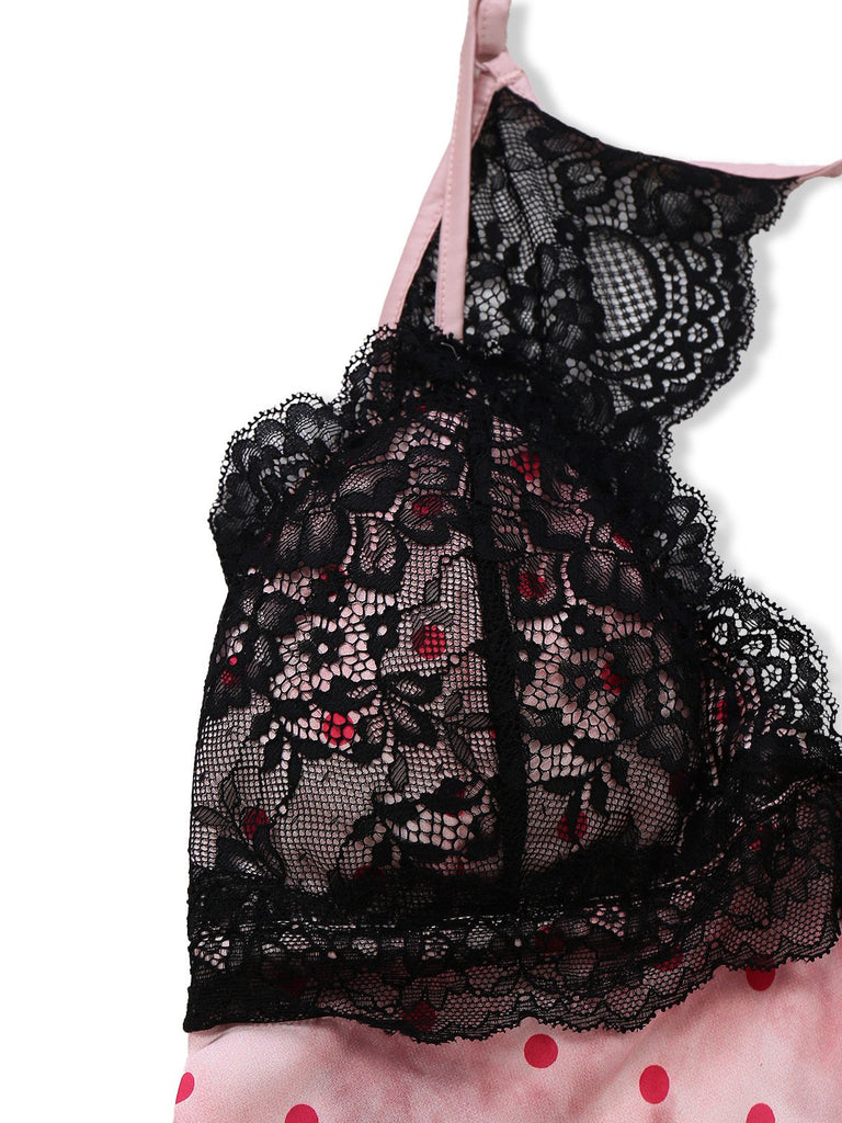 Pink 1940s Satin Polka Dot Lace Trim Backless Nightdress