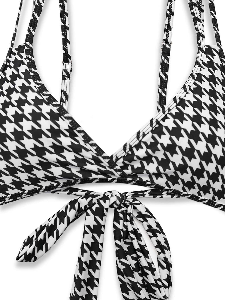 Black 1930s Houndstooth Lace-Up Bikini Set