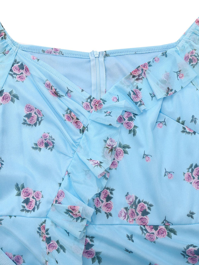 Blue 1930s V-Neck Rose Mesh Ruffled Dress