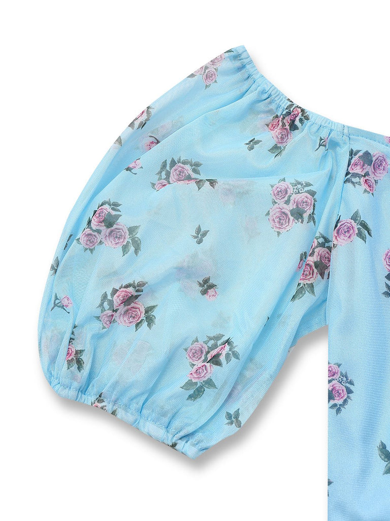 Blue 1930s V-Neck Rose Mesh Ruffled Dress